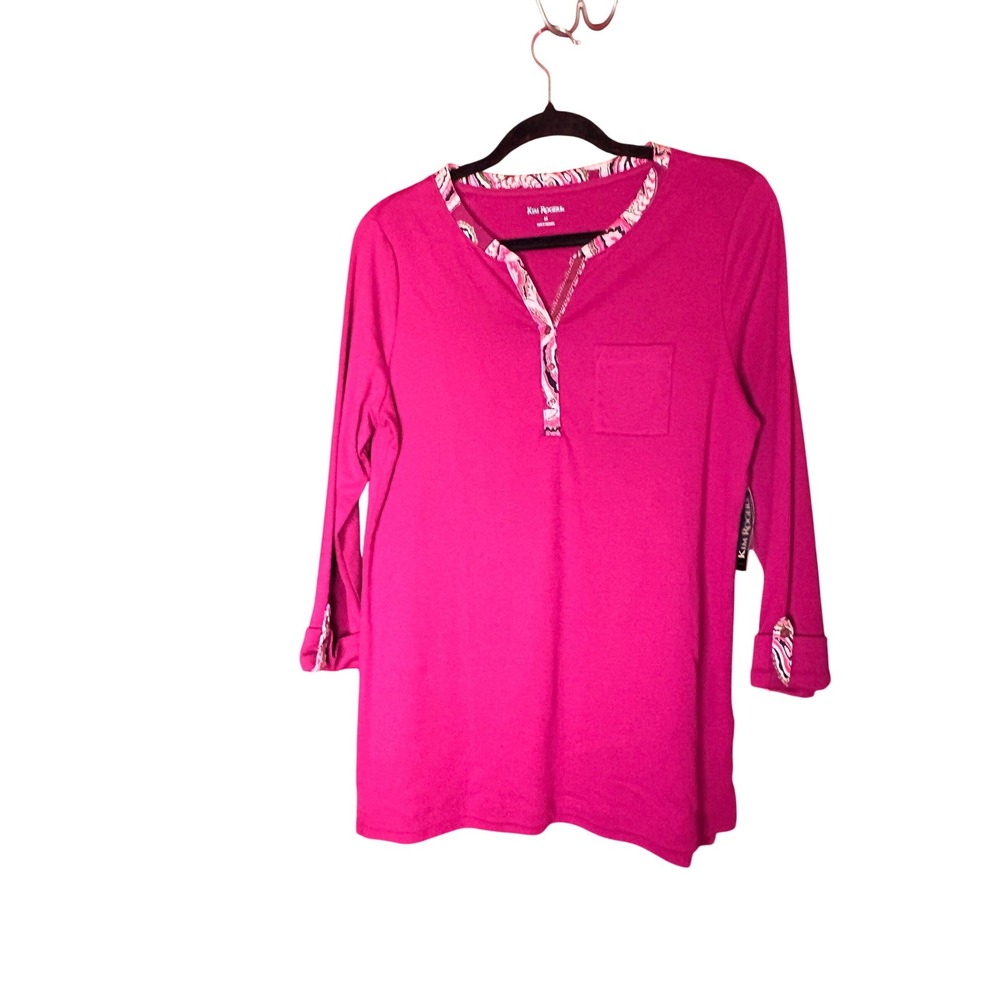 Kim Rogers Women's 3/4 Sleeve Henley Top Plum Candy Pink Paisley Trim Size M NEW